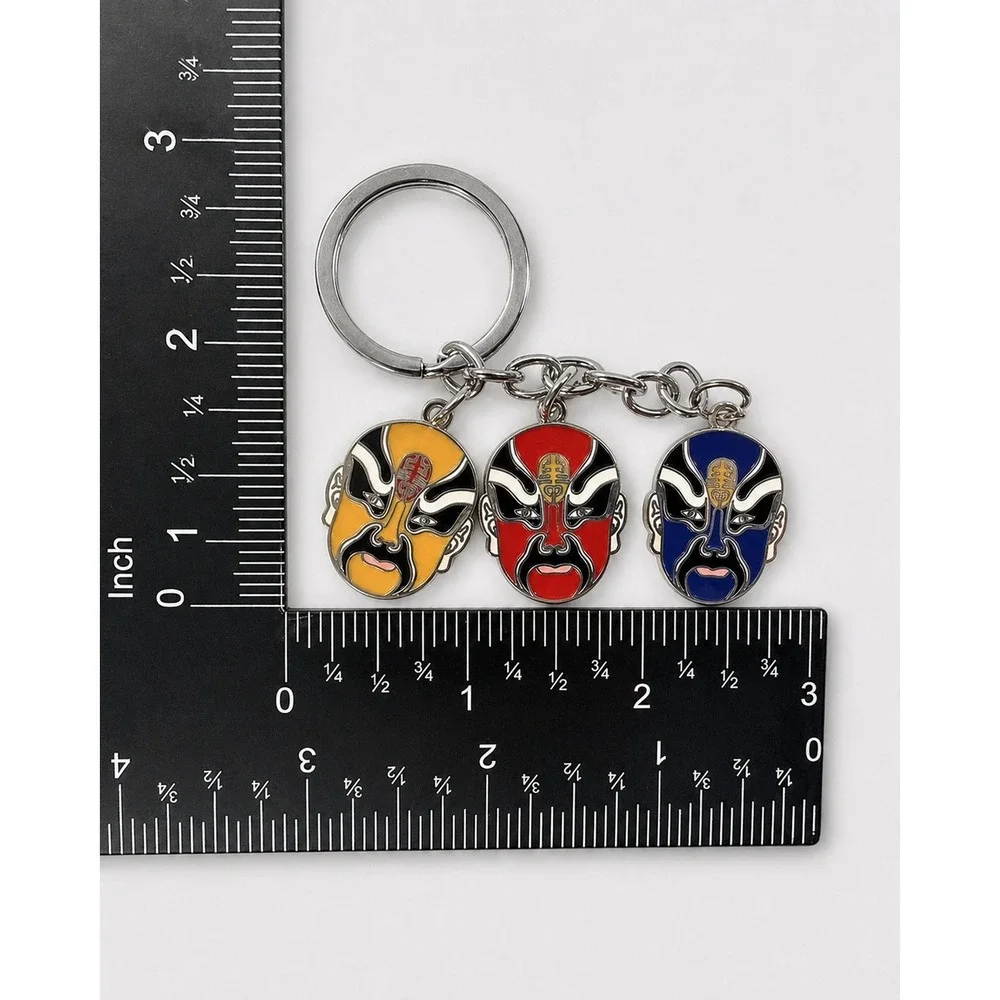 Chinese Opera Mask Enamel Charm Keychain Red Blue Yellow Silver Tone